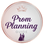 Round logo with a crown at the top, the text "Prom Planning Guide" in elegant font, and a silhouette of a couple in formal attire at the bottom.