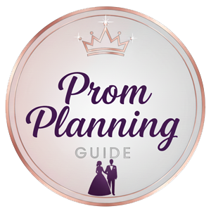Round logo with a crown at the top, the text "Prom Planning Guide" in elegant font, and a silhouette of a couple in formal attire at the bottom.